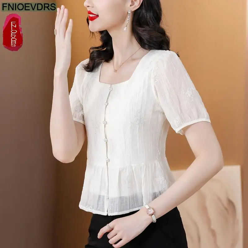 S-3XL 2023 Women Summer Short Sleeve Elegant Office Lady Work Button Shirt Casual Slim Cute Square Neck Peplum Tops And Blouses