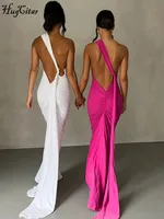 Hugcitar-maxivestido Sexy fruncido con un hombro y espalda descubierta para mujer, bufanda ajustable con lazo, ropa de calle elegante Y2K, traje de Festival