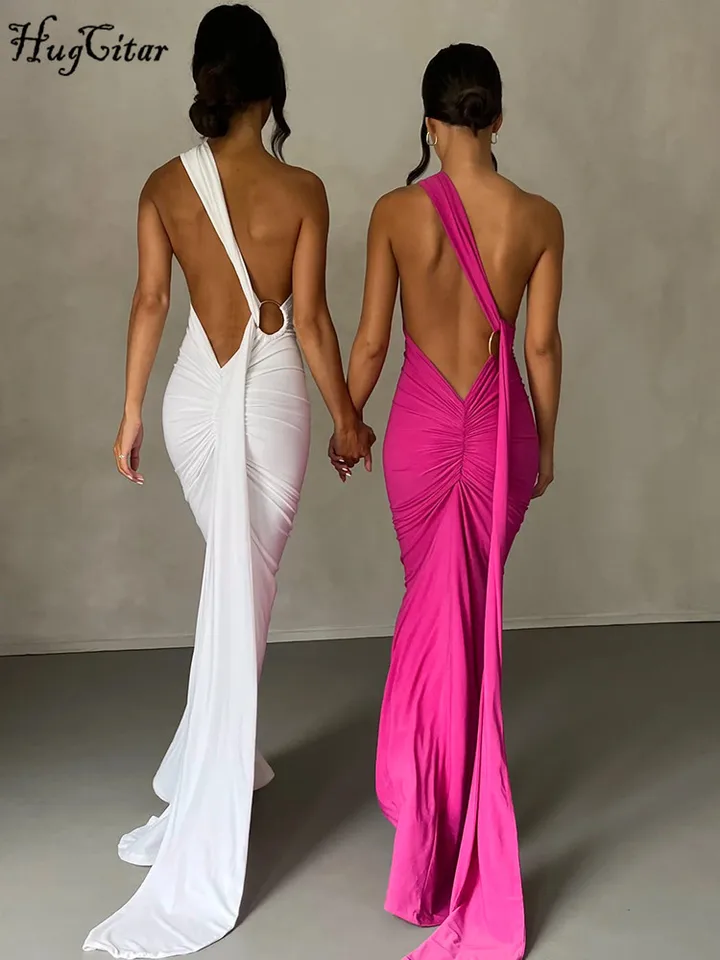 Vestido largo sexy de un hombro sin espalda con bufanda ajustable y fruncido, elegante para mujer, outfit Y2K para festival