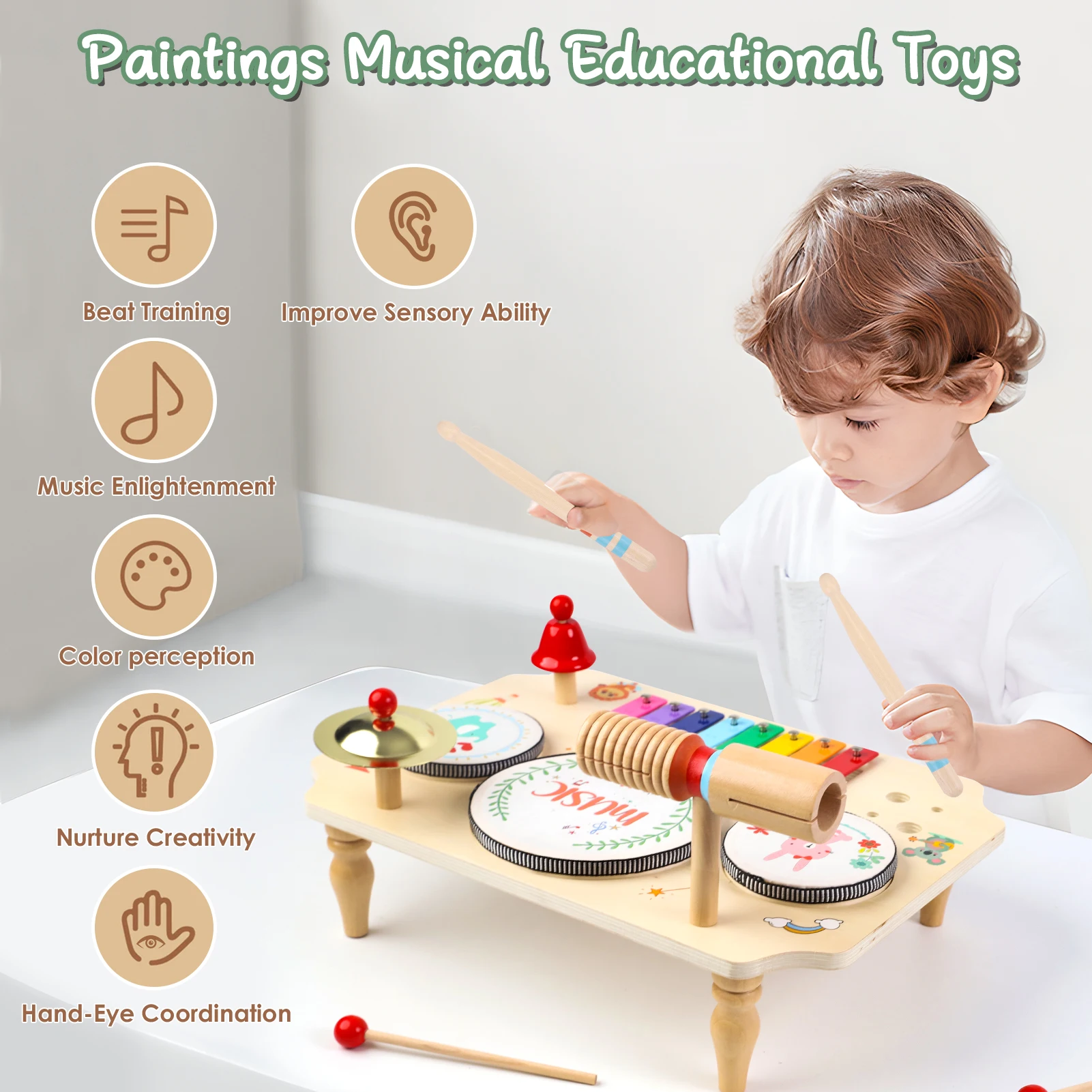 Kit de batterie pour enfants, instruments de musique multi-en 1 pour enfants de 1 2 3 ans avec xylophone, jouet bébé Montessori, pour enfants à