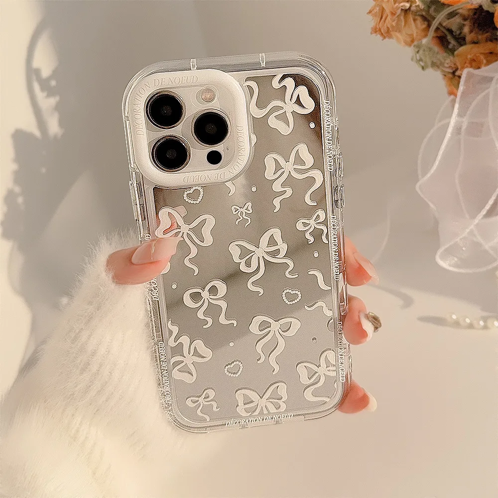 White bow butterfly relif mirror shockproof shell for iphone 14 11 12 13 promax 15 pro max phone case conque