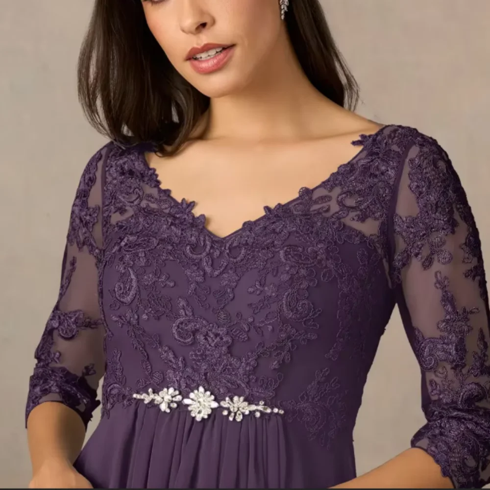 Chiffon Mother Of The Bride Dresses V Neck Customized Vintage Lace Applique Formal Dress A Line Wedding Party Gown Floor Length