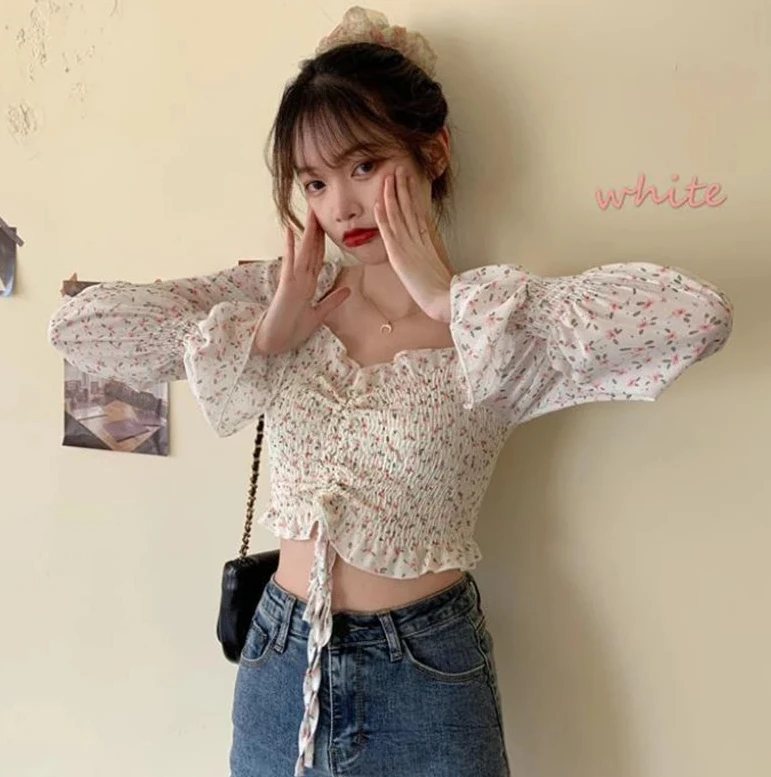 

Floral Youth Elegant Blouse Women Crop Top Pretty Blouses Chic Fashion Blouse Shirt For Party Puff sleeve Off shoulder