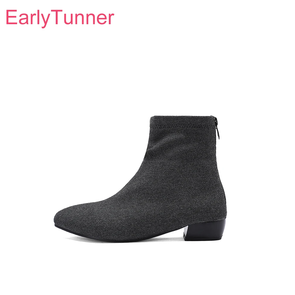 

2025 Осенние новые модные женские ботильоны серого цвета с розой, женская обувь телесного цвета на низком массивном каблуке с застежкой-молнией, большие размеры 12, 436, 48