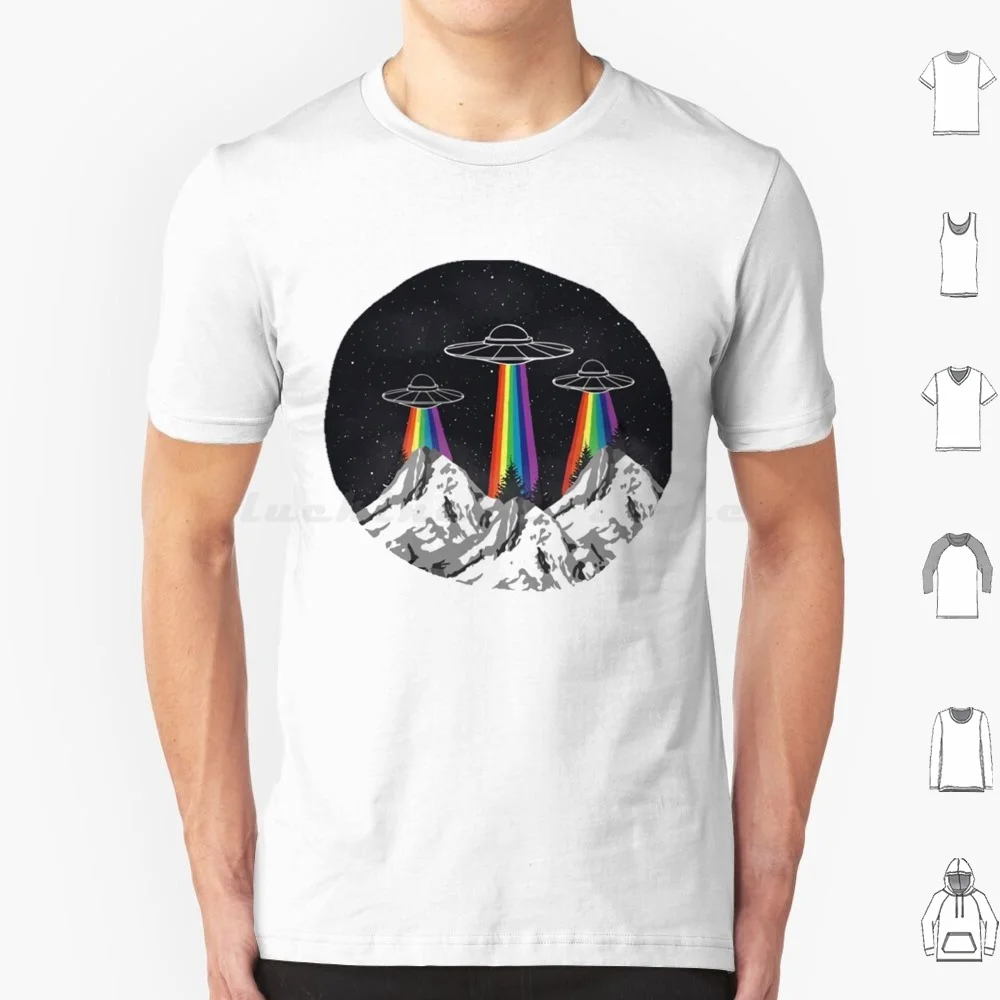 Rainbow Abduction T Shirt 6Xl Cotton Cool Tee Rainbow Cosmic Space Planets Nighttime Stars Galaxy Mountains Nature Trees