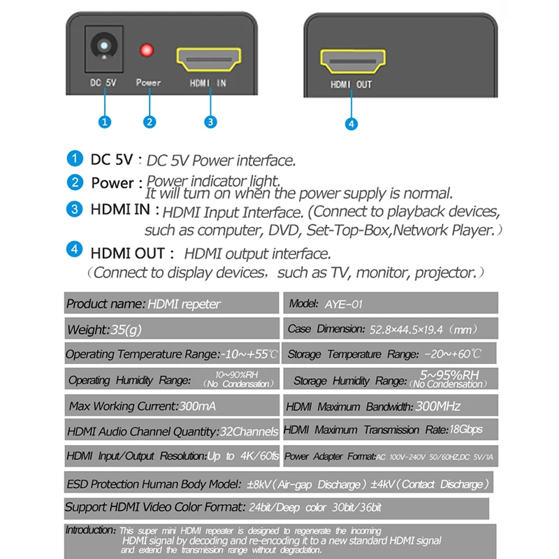 30M 4K HD 2.0 HDR Splitter Repeater 4K HD Signal Amplifier Booster Extender Adapter Support HDCP 2.2 EDID 4Kx2K 1080P@60HZ