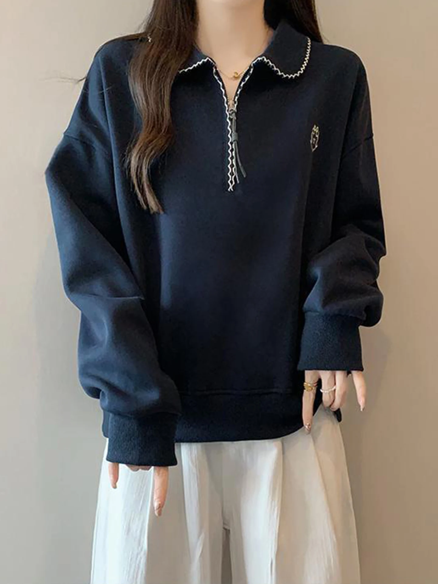 

Весенний женский свитшот свободного кроя с длинными рукавами, вышивкой и воротником-стойкой, больших размеров, с эффектом стройности, повседневный, удобный топ