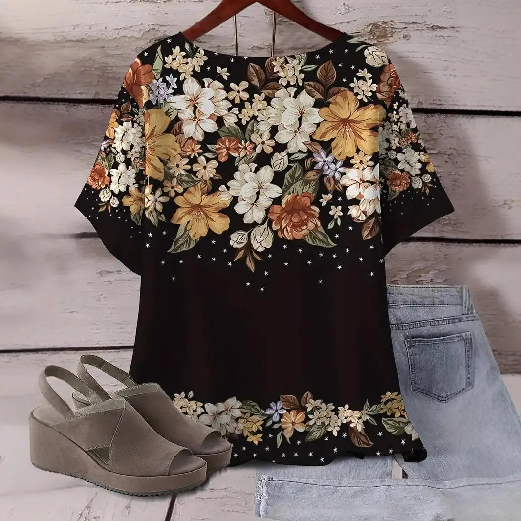 

Женская футболка с принтом ort Sve, круглая, средней длины, полиэфирное волокно, повседневная, с цветочным узором, моющаяся