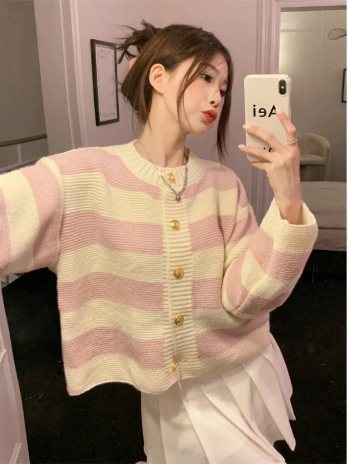 

American Retro Striped Open Cardigan Women's Spring Autumn Loose Long Sve Knitted Sweater Top Casual Commute Sle round N...