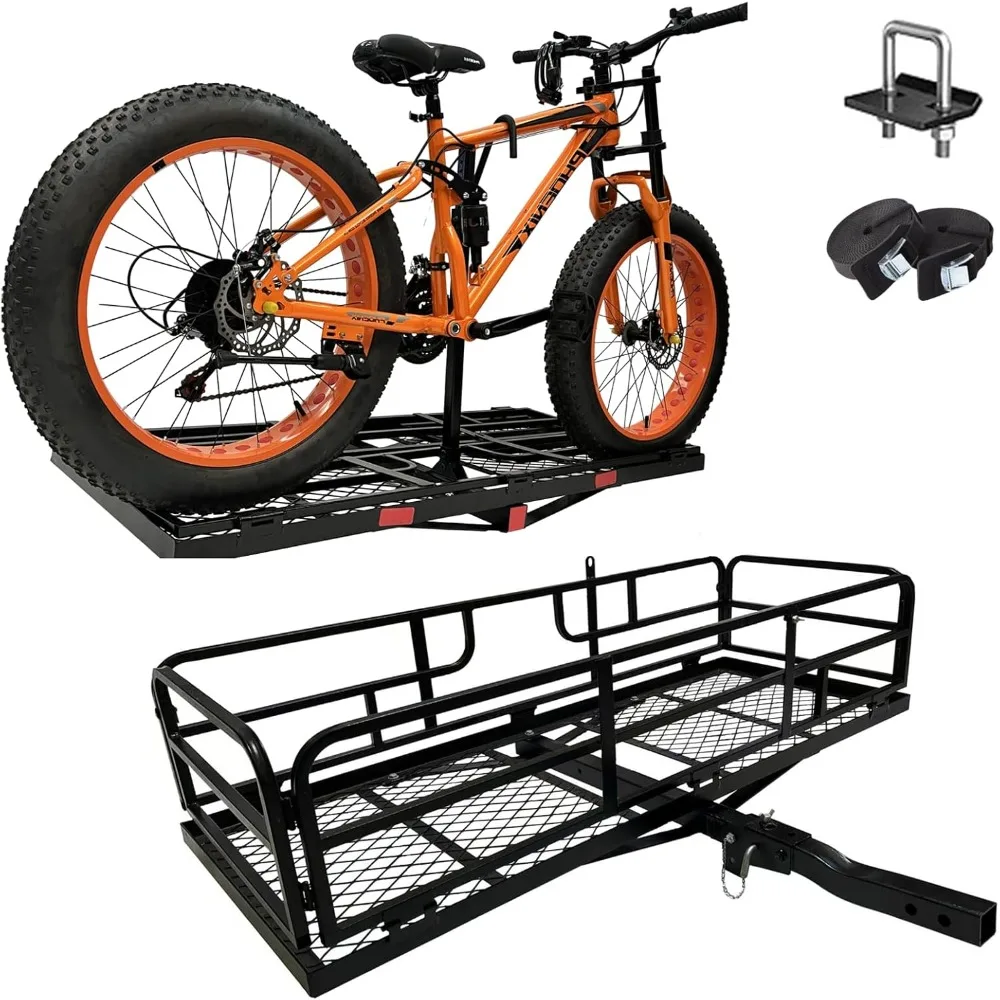 

Hitch Mount Cargo Carrier Basket - Comes with Bike Rack Fits 2 Ebike Fat-Tire Electric Bicycle with Folding Large Heavy Duty