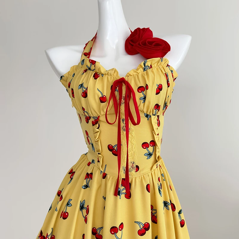 2 ชิ้นชุดชุดสตรีฤดูร้อน Holiday พิมพ์ Halter Backless Midi ชุดเดรสเกาหลีแฟชั่น Elastic High เอวกระโปรงลูกไม้สีขาว