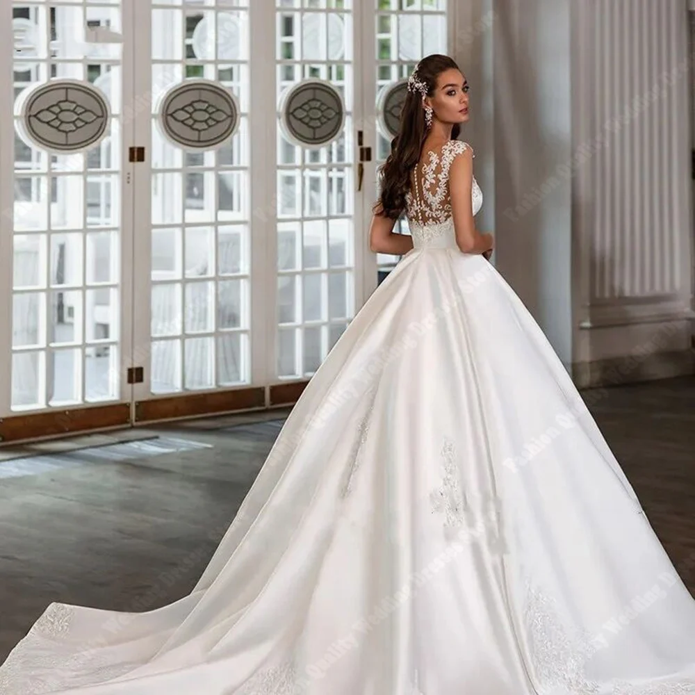 Robe de Mariée Élégante en Satin à Paillettes pour Femme, Tenue en Dentelle, Design Imprimé, Ligne A, pour Patients, Dos aux, 2024