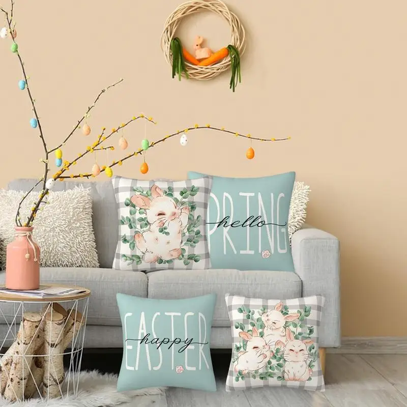 Spring Pillow Covers 18x18 Eucalyptus Leaves Hello Spring Cushion Case Decoration For Sofa Couch Set Of 4 With Invisible Zipper