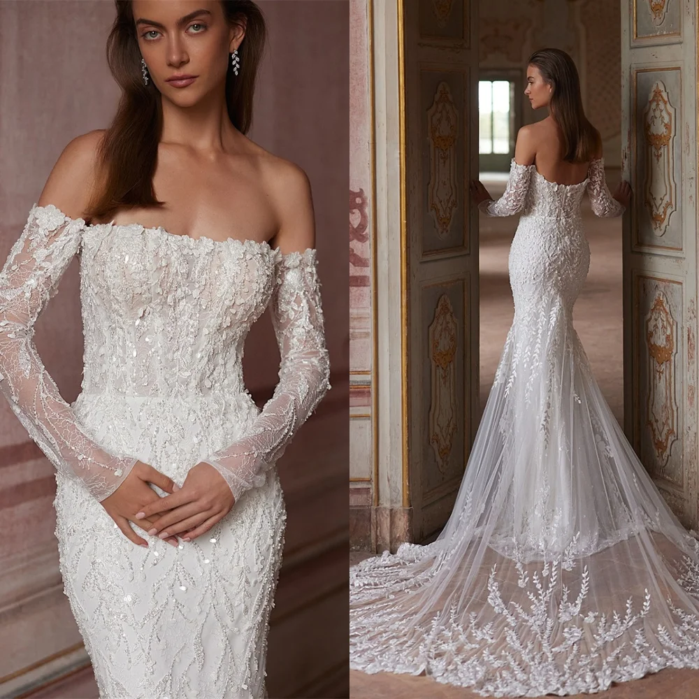 

Customized White Tulle Wedding Dress Exquisite Strapless Long Sleeves Bridal Gowns Chapel Train Zipper Back Mermaid Dress