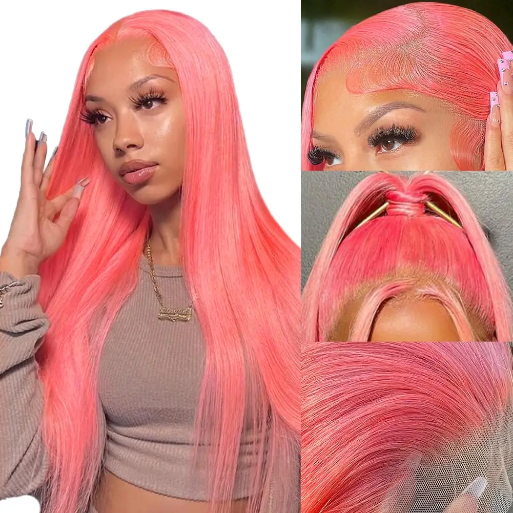 Glueless 30Inch Wig Rose Pink Wear and Go 180% Density Wigs 13x4 Transparent Lace Frontal Straight 100% Human Hair Wigs Woman