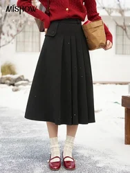 MISHOW Winter Woolen Pleated Skirt for Women Elegant Fashion High Waist A-line Midi Black Skirts Office Ladies MXC56B0237