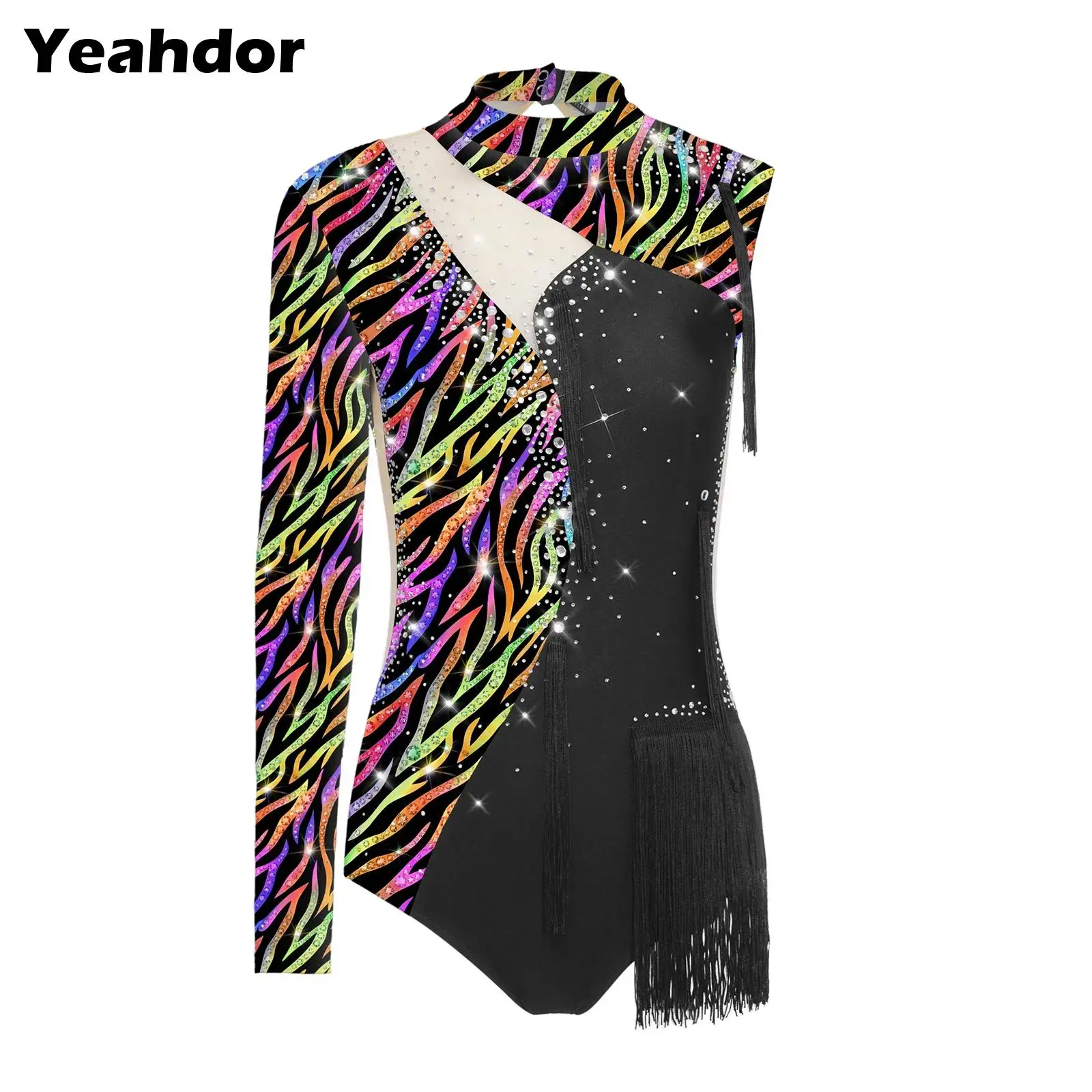 

Women Single Long Sleeve Rhinestones Asymmetric Tassel Latin Dance Unitards Gymnastics Leotard Printed Athletic Bodysuit