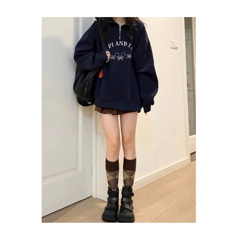 American Sle Retro Polo Collar Sweatshirt Jacket Women's New Early Autumn Oversize Small Size Long Sleeve Top