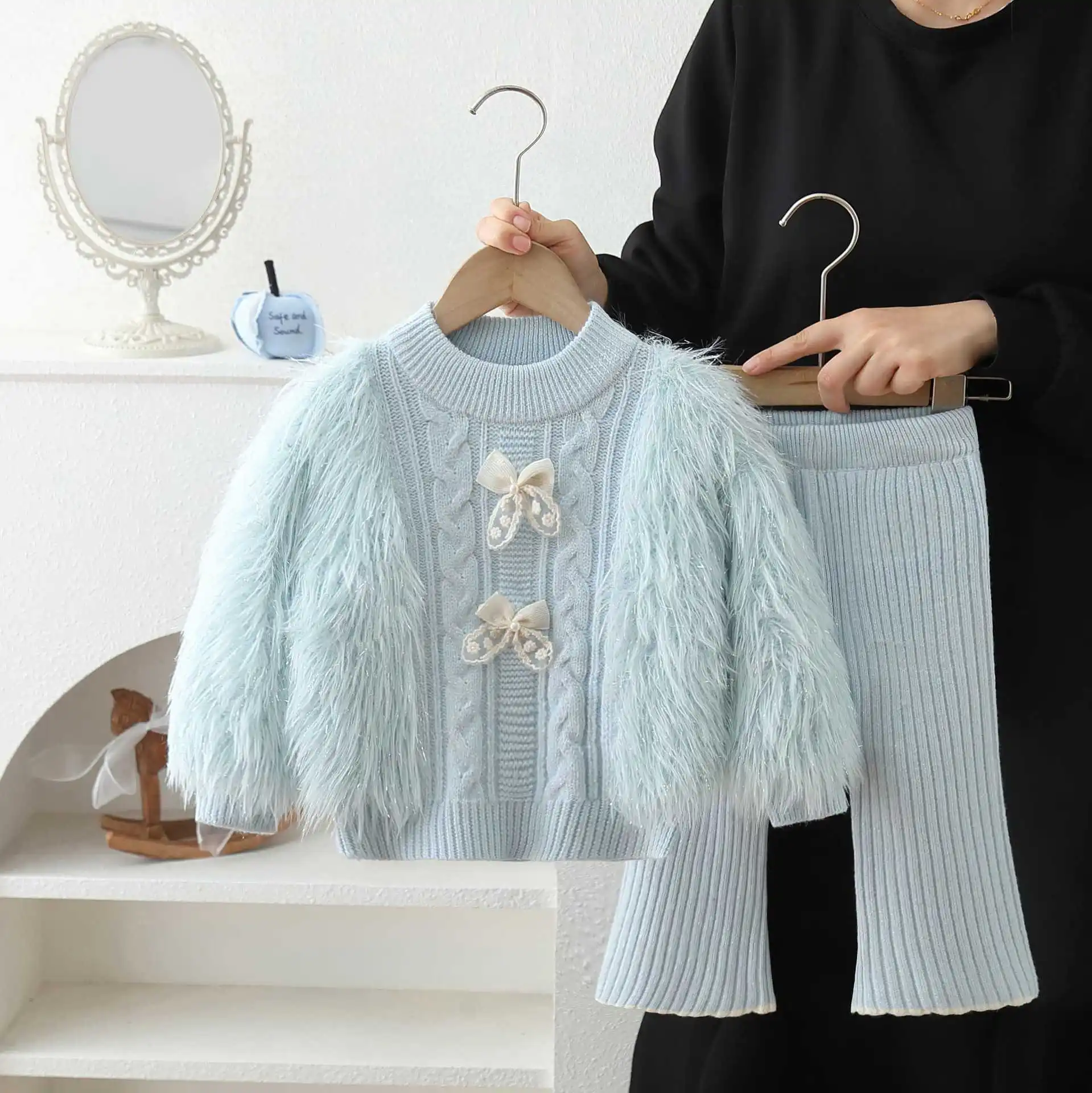 Girls Knitted Clothes Sets Spring Autumn Children Woolen Jersey Sweaters Pants 2pcs Princess Suit For Baby Fashion Outfits Kids