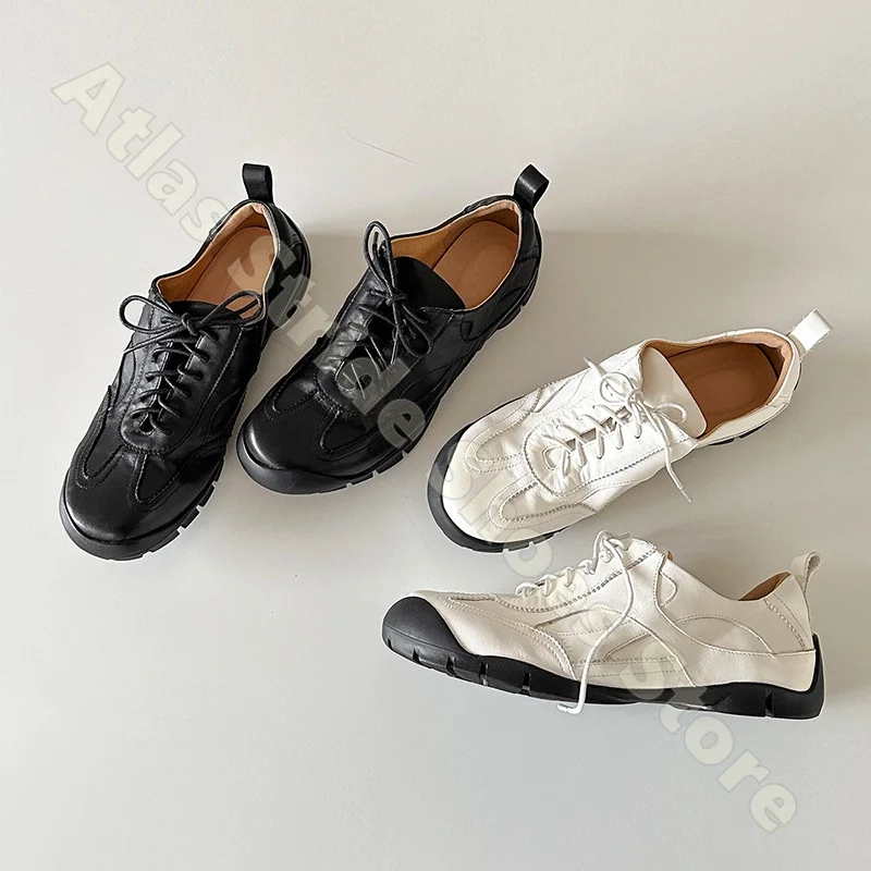 Women Cowhide Leather Retro Sneakers Thick Sole Lace Up Arch Support Casual Comfy Chunky Platform Wedge Heel Sport Shoes