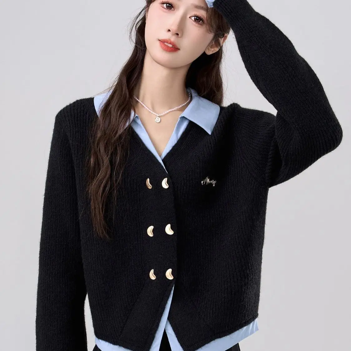 

Spring Autumn New Style Women's Loose Short Knitted Cardigan Slimming Meat Covering Ice Silk Splicing Knitwear Polo Collar