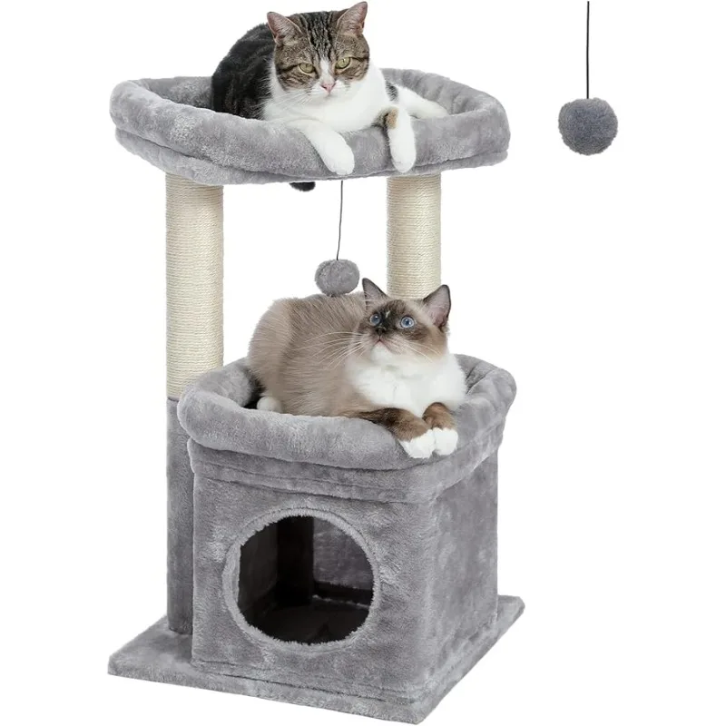 

PEQULTI Cat Tree Tower for Indoor Cats with Private Cozy Cat Condo, Natural Sisal Scratching Posts and Plush Pom-pom for Small C