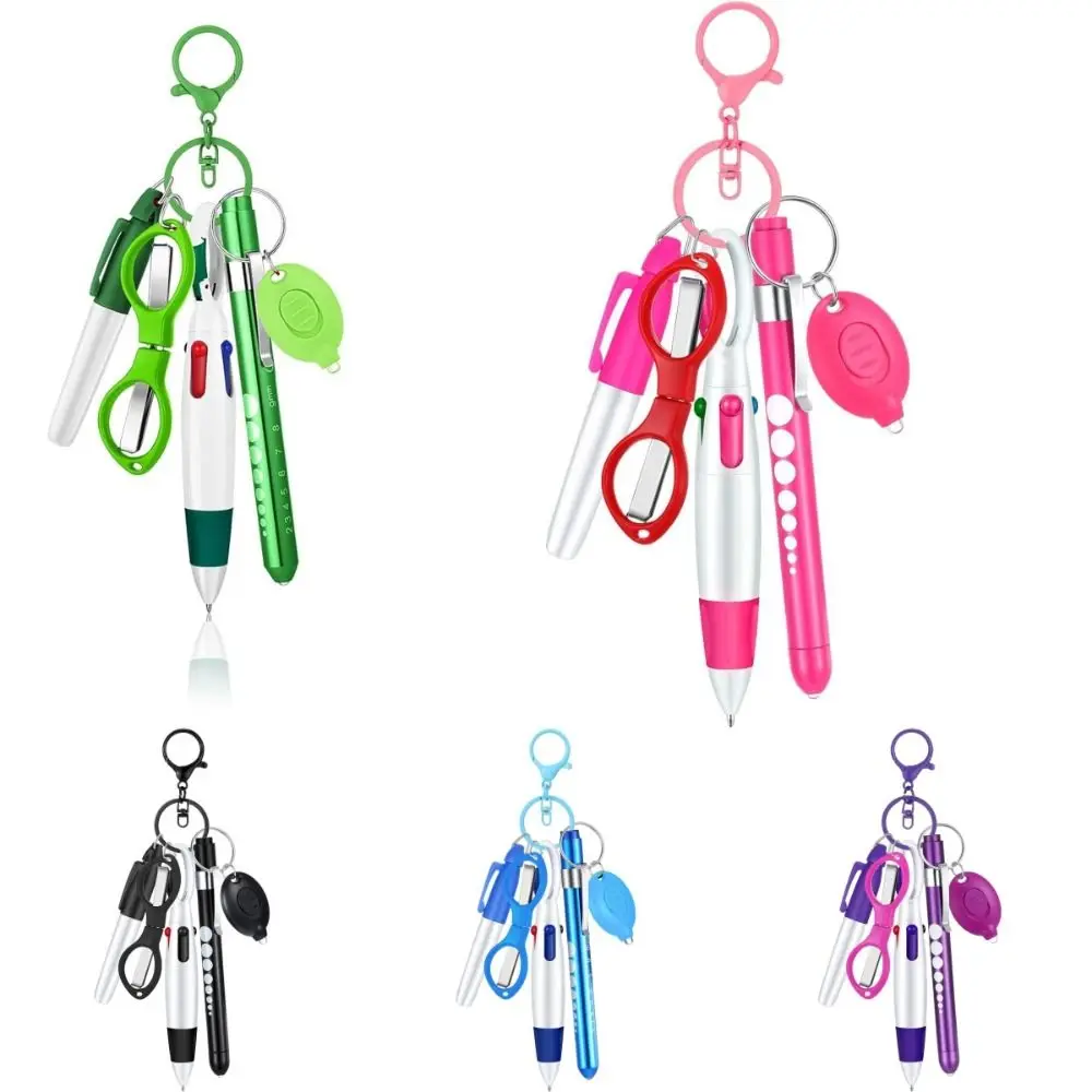 6-in-1 Multifunction Retractable Ball Pen Set Badge Clip Flashlight Foldable Badge Reel Keychain Doctore Nurse Permanent Marker