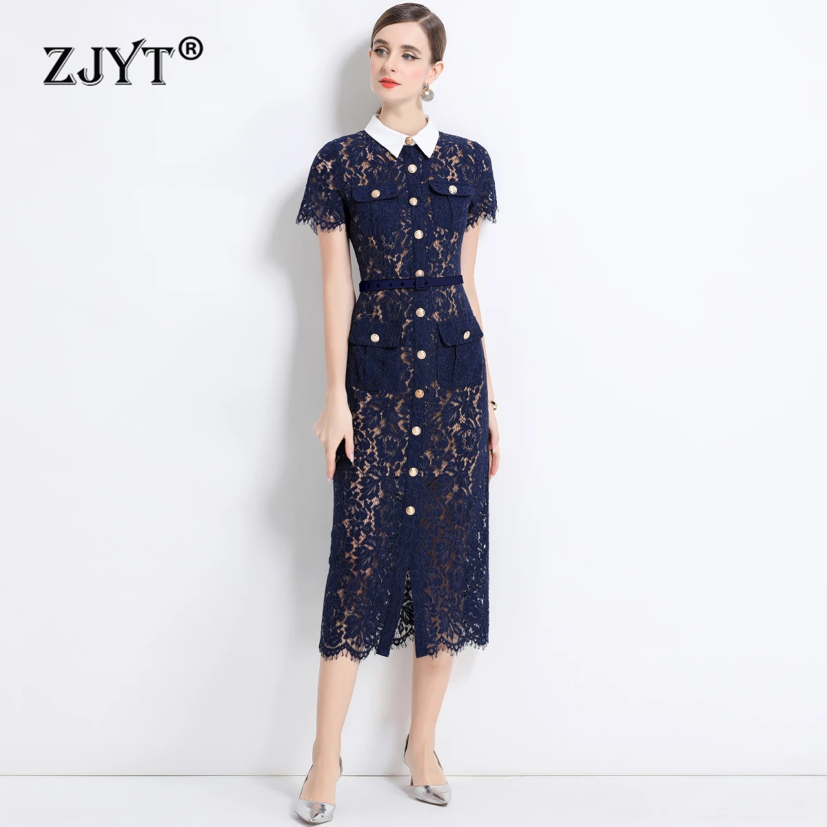 

ZJYT Elegant Lady Summer Single Breasted Midi Lace Dress Blue Women Short Sleeve Turn Down Collar Straight Party Office Dresses