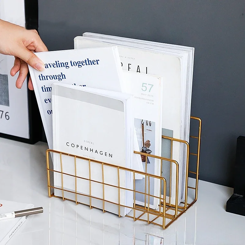 

Minimalist Book Organizer, Sundries Holder, Newspaper Magazine Rack, Metal Storage Basket, Rose Gold for Office Desktop