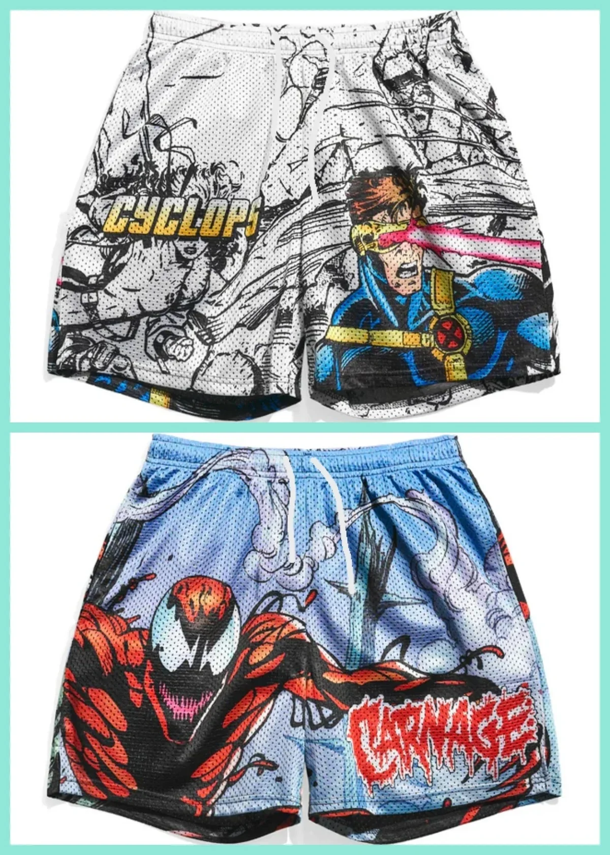 Męskie i dziecięce retro modne szorty sportowe w stylu komiksowym, czarno-białe rysunki liniowe, kolorowe…