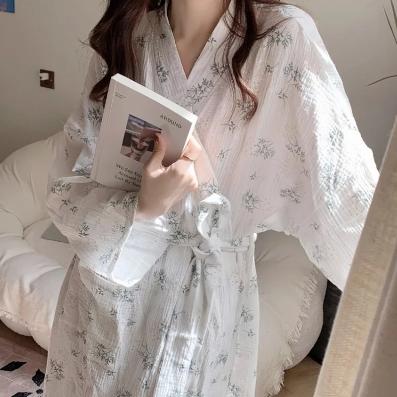 

Women's hot selling spring and summer morning gown, solid color floral loose robe, sexy V-neck long sleeved home nightgown