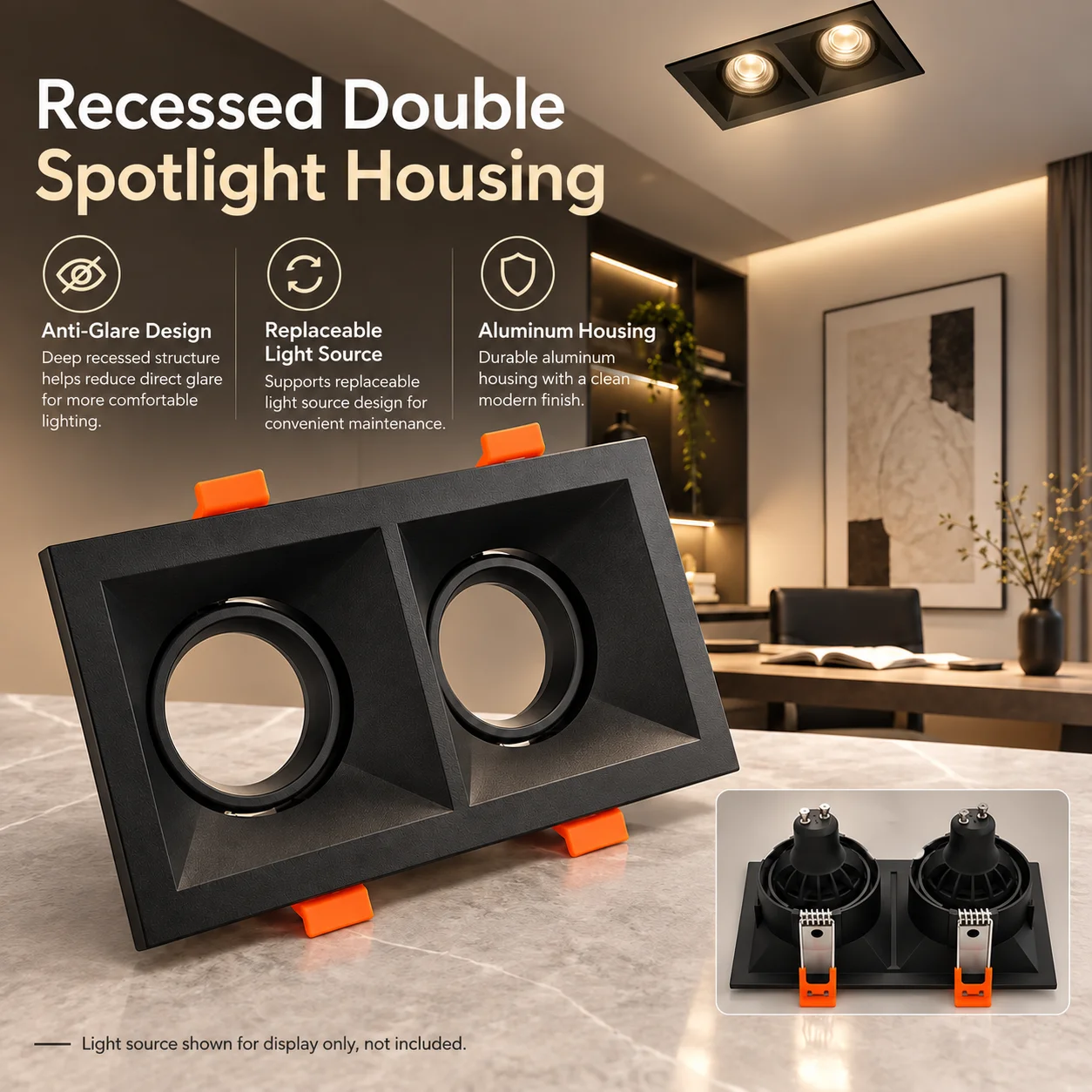 GU10 MR16 Recessed Downlight Frame 80x160mm Deep Anti Glare Aluminum Adjustable Spotlight Housing Replaceable Bulb Ceiling Light