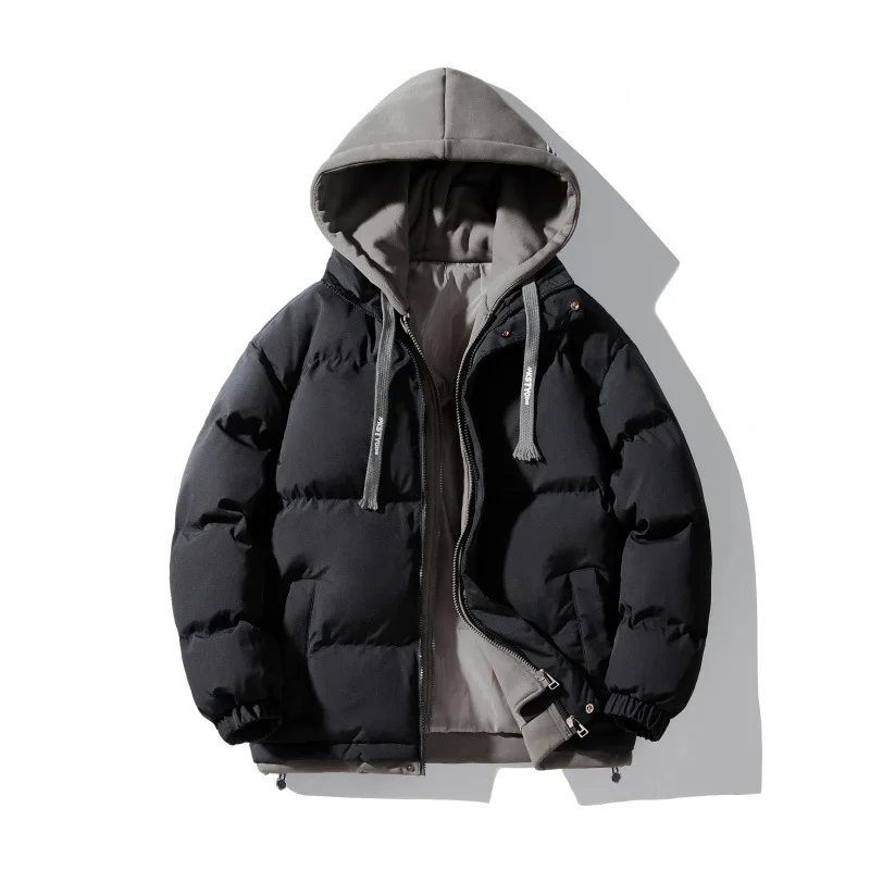 Winter Padded Jacket Men Fake Two Piece Hooded Quilted Coat Fahsion Handsome Loose Casual Thick Windproof Warm Wadded Jacket