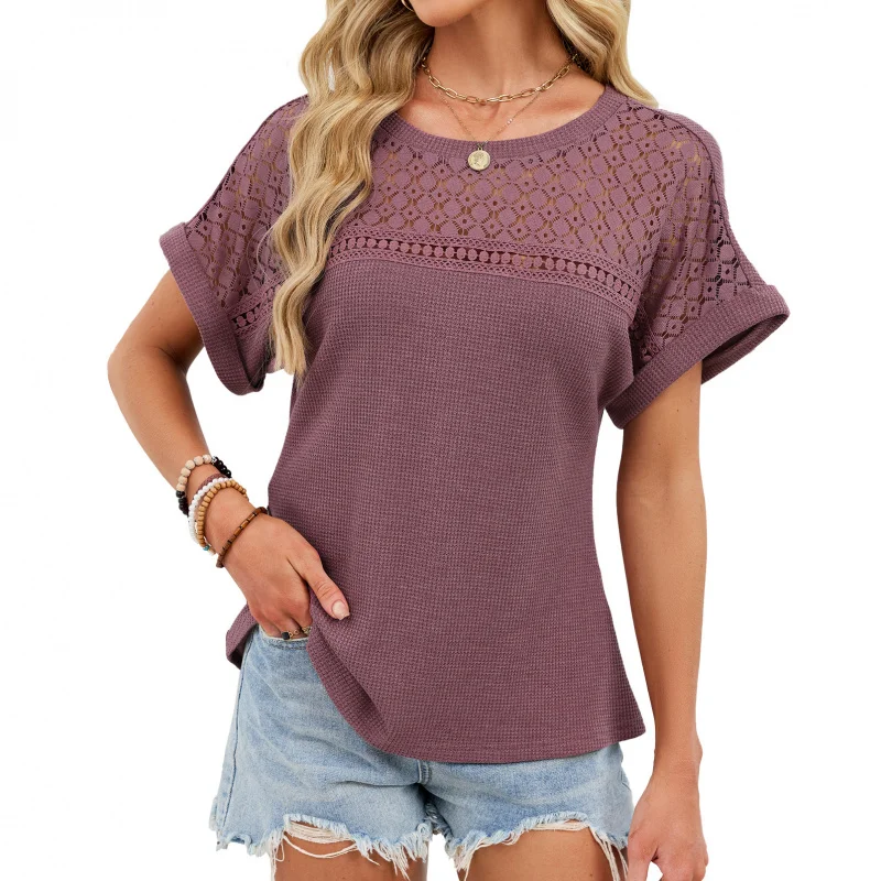 

2026 Summer Elegant Lace Hollow Out Waffle Knit T Shirt Crew Neck Short Sleeve Summer Smart Casual Tops Office Lady