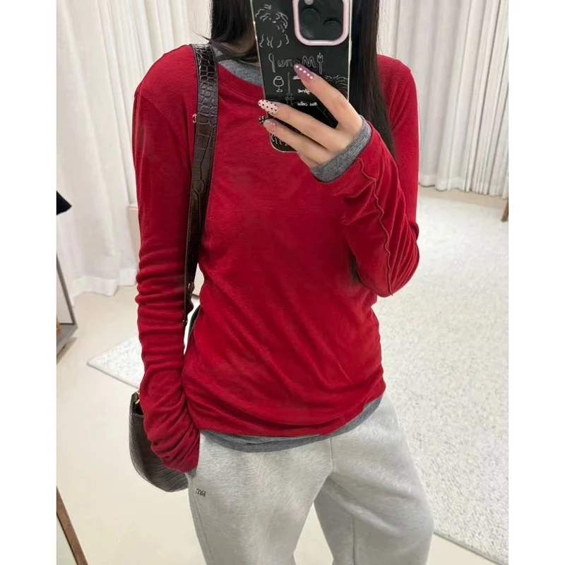 

Korean Sle Long Sve T-irt Letter Embroidery Irregular round Ne Two-Piece Top Women's Faion Design Sense