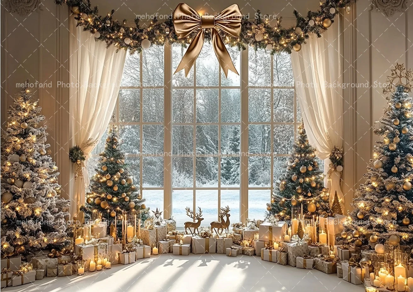 Mehofond Photography Background Winter Christmas Tree French Window Gift Box Golden Bow Kids Family Portrait Backdrop Decor