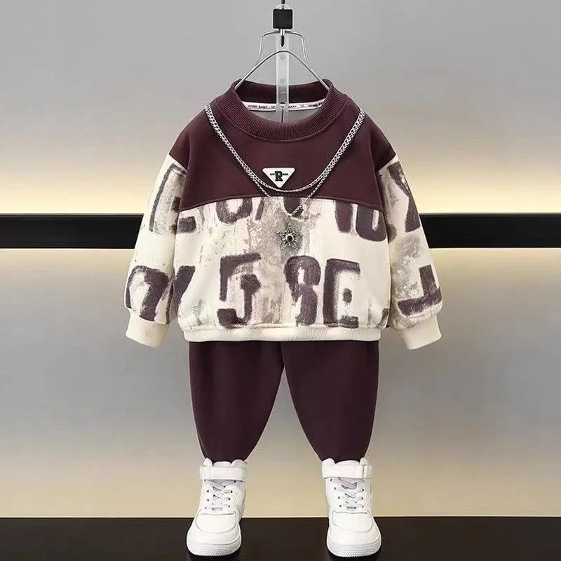 Fleece-Lined Sweatshirt Set Korean Children's Clothes 2025 Year Old Boy Clothing Outdoor Kids Elementary Student Men's Sets Boys