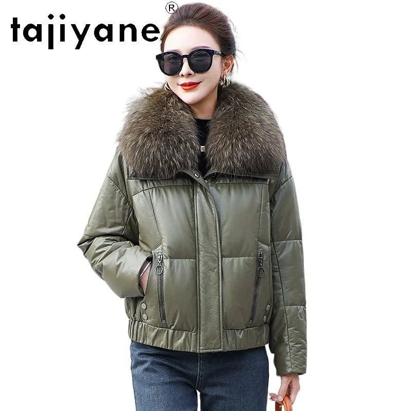 TAJIYANE 100 % genarbte Rindslederjacke für Damen, Waschbärpelzkragen, weißer Gänsedaunenmantel, kurze Pufferjacke, 2025, Damenbekleidung