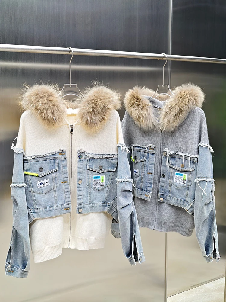 

Fashion Women Spring Autumn Women Loose Denim Cardigan Real Raccoon Fur Oversize Coat Fur Decoration Sweater
