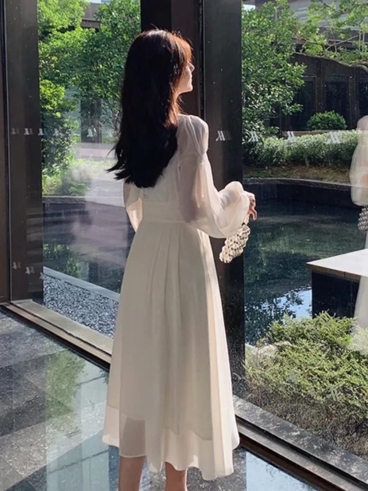 Elegant Long Sleeve Evening Dresses for Women Autumn Slim Lace Up A-Line Party Prom White Dress Autumn French Female Clothes New