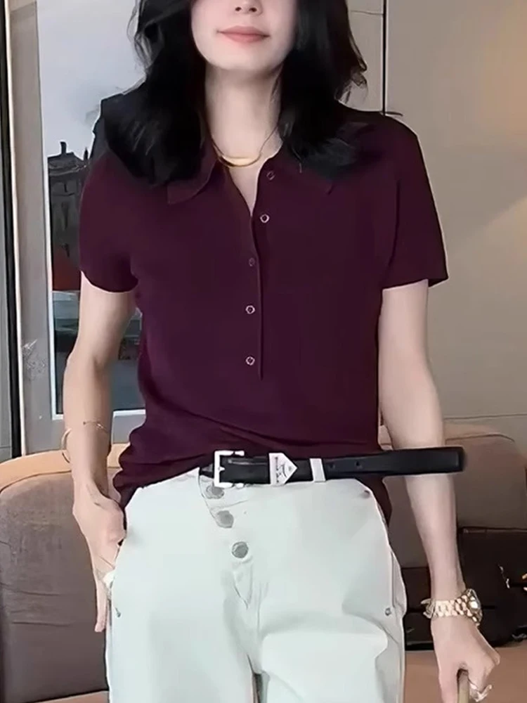 تي شيرت Laid-ba Sle ذو لون نقي من الحرير الجليدي ort Sve محبوك علوي f زر صيف غير رسمي 2025 تي شيرت تنحيف النسخة الكورية