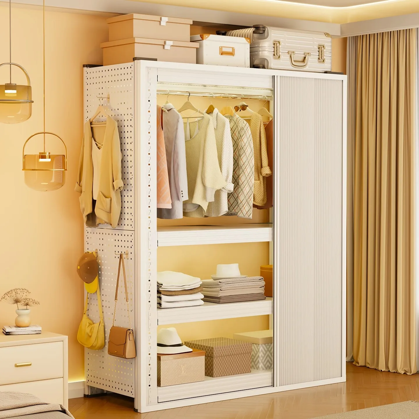 

Шкаф-гардероб для дома и спальни, простой, для съемного жилья, с открытыми секциями, для хранения головных уборов, с раздвижными сотовыми дверцами и полками