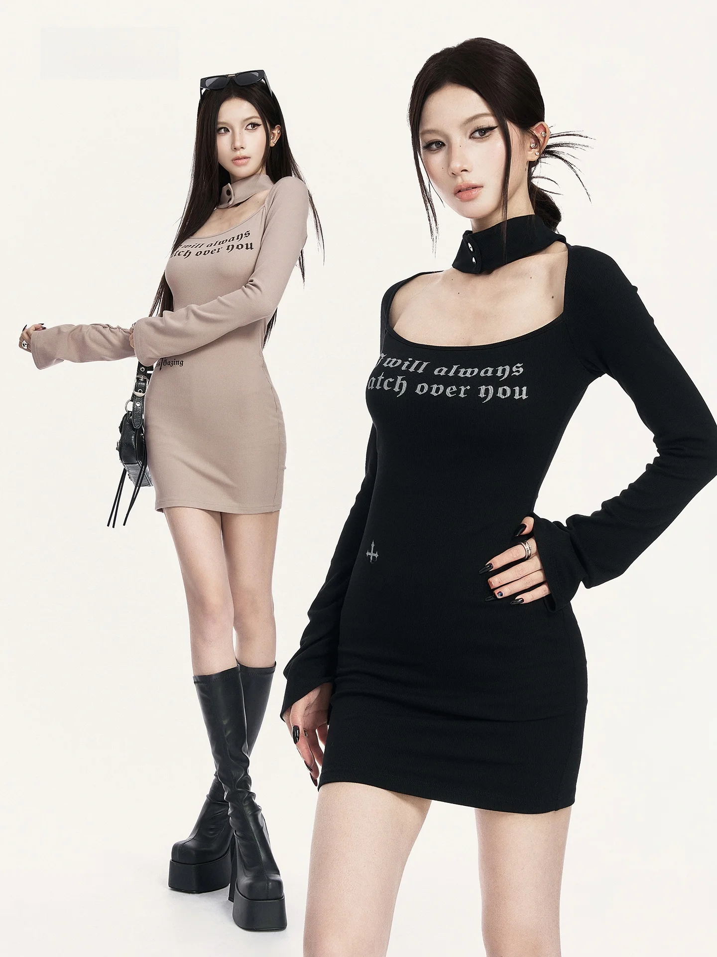 

VO Spicy Girl Early Spring Сексуальное вязаное платье с квадратным вырезом, принтом, облегающее, с длинными рукавами и застежкой на пуговицы