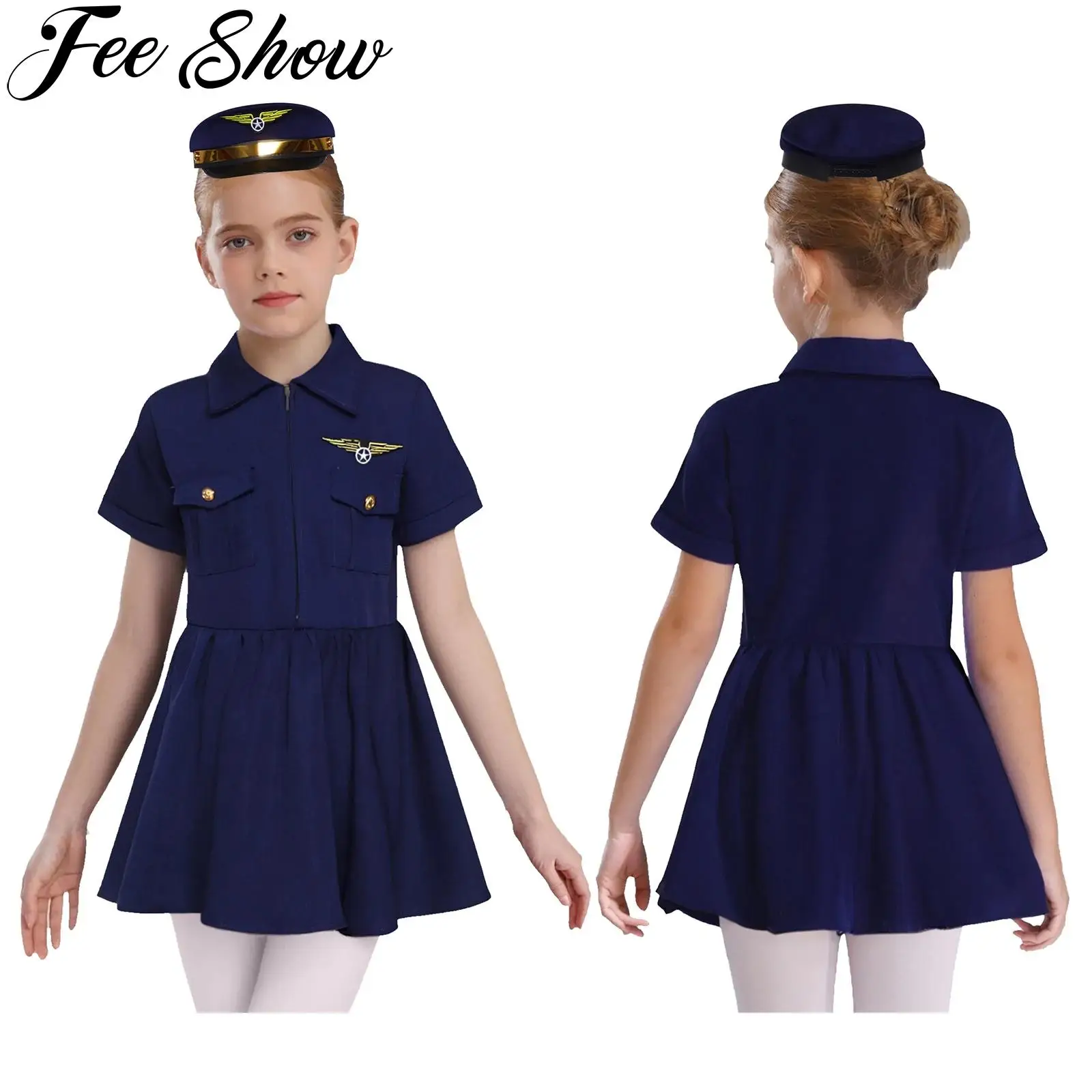 Girls Pilot Flight Uniforms Children Halloween Theme Party Navy Captain Cosplay Costume Short Sleeve Zipper Dress with Badge Hat
