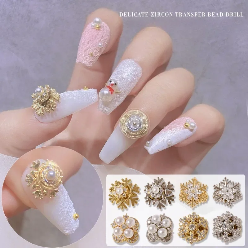 1Pc New Year rotating zircon nail charm, snowflake pearl spinner lucky bead luxury shiny nail decorative rhinestone accessory