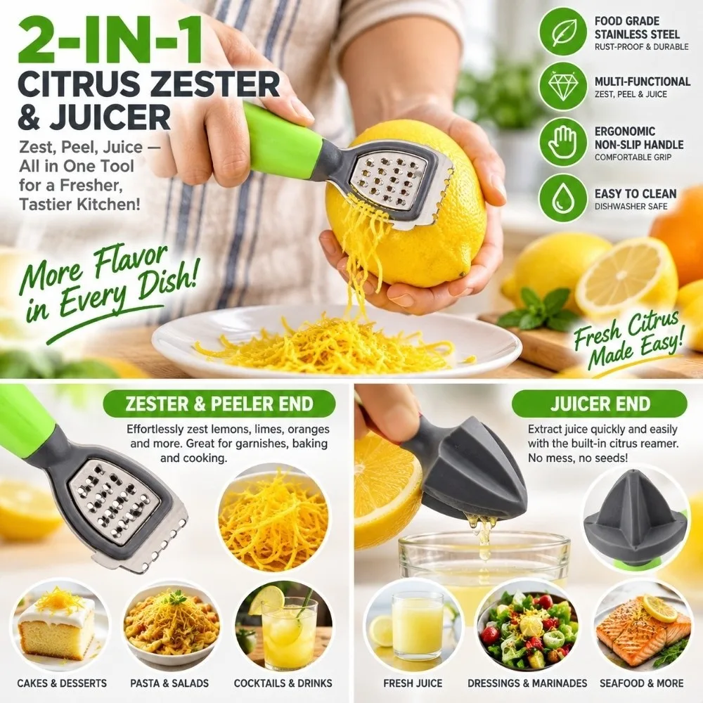 2-in-1 Citrus Zester & Reamer with Grater Stainless Steel Lemon Zester Juicer Combo Dual Head Non Slip Juice Extractor Tool
