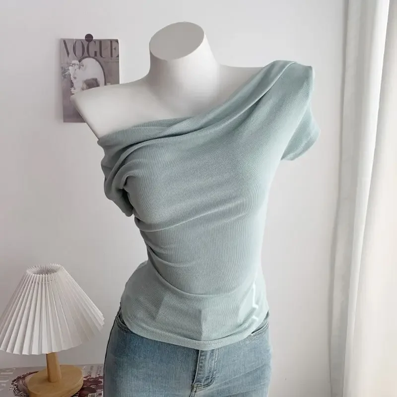 2025 Summer Pleated Irregular Thread Off-shoulder Swing Collar Short-sleeved T-shirt Niche Design Pure Hot Girl Tops