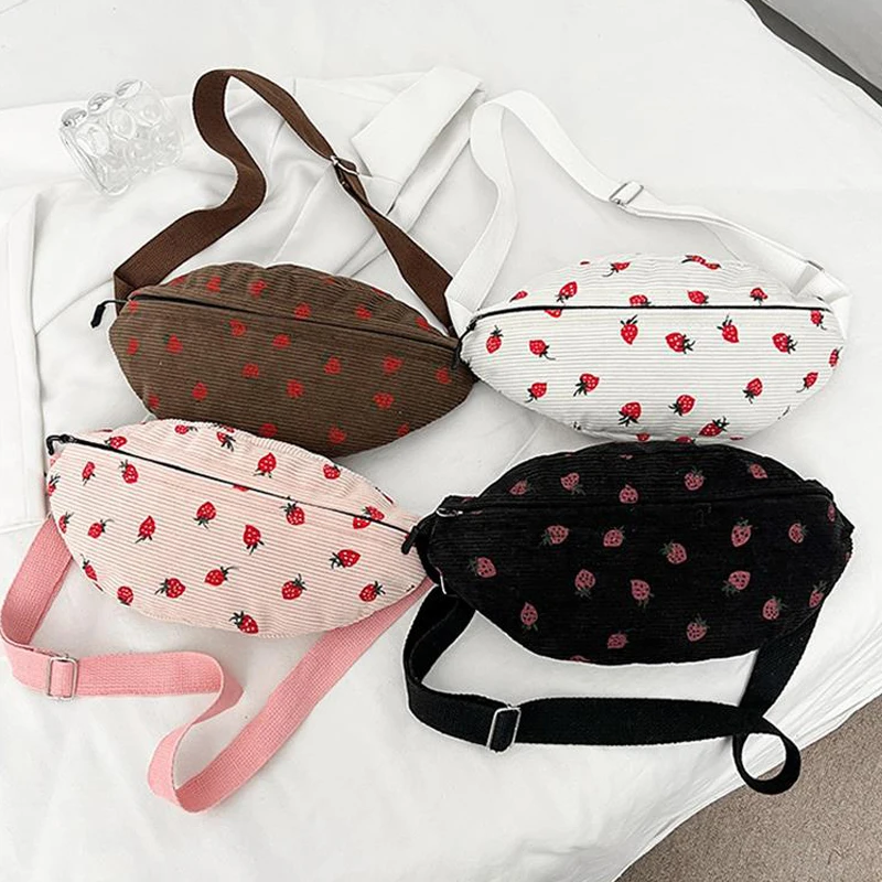 

Cute Strawberry Print Chest Bag Dumpling Crossbody Bag Corduroy Commuter Shoulder Bag Fashion Simple Portable Storage Bags Gifts