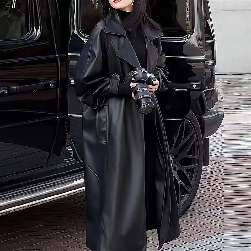

2025 Autumn New High End Fashion Trendy Over The Knee Long Leather Jacket Women Luxury Temperament Leather Windbreaker Overcoat
