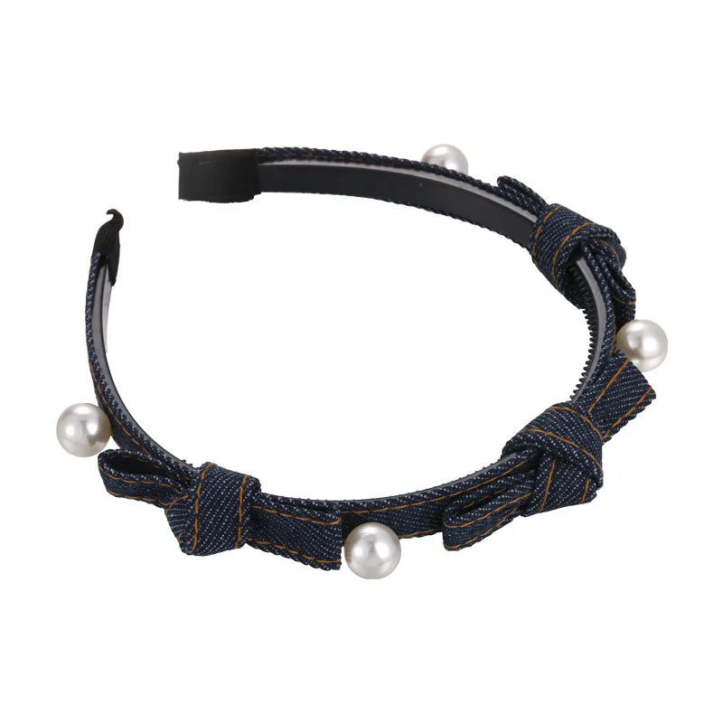 Retro Denim Blue Color Bow Pearl Headband Girls Sweet Hair Bands For Woman Temperament Hair Hoop Female Fashion Hair Accessories